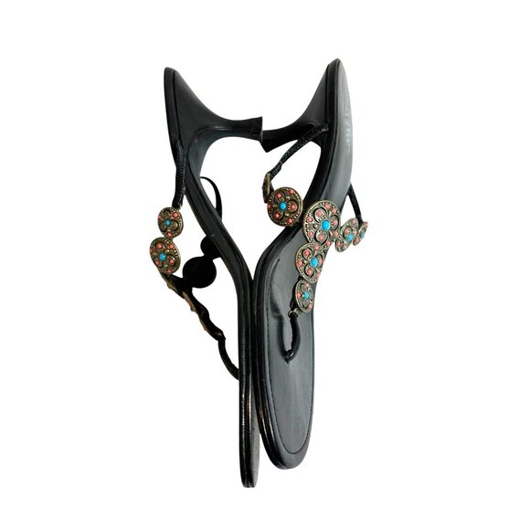 Franco Sarto Black Leather Concha Medallion Thong Kitten Heel Sandals Size 9.5 M - Picture 6 of 9